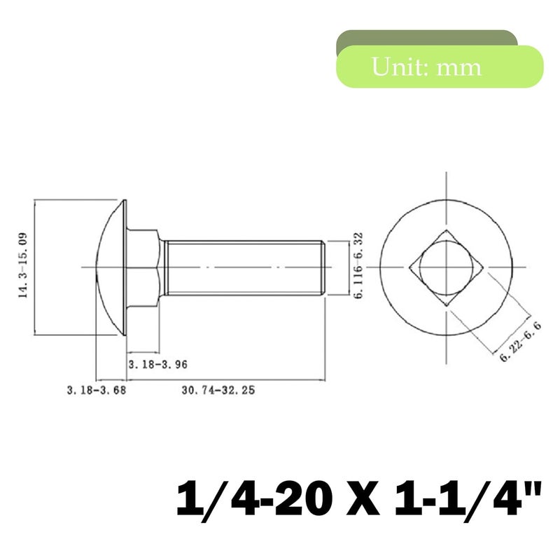 sotoolstop Store 1/4-20 x 1-1/4" Carriage Bolts Screws, Stainless Steel 18-8 (304) Round Head Square Neck Carriage Bolts, Fully Threaded, Pack of 20 - Image 5